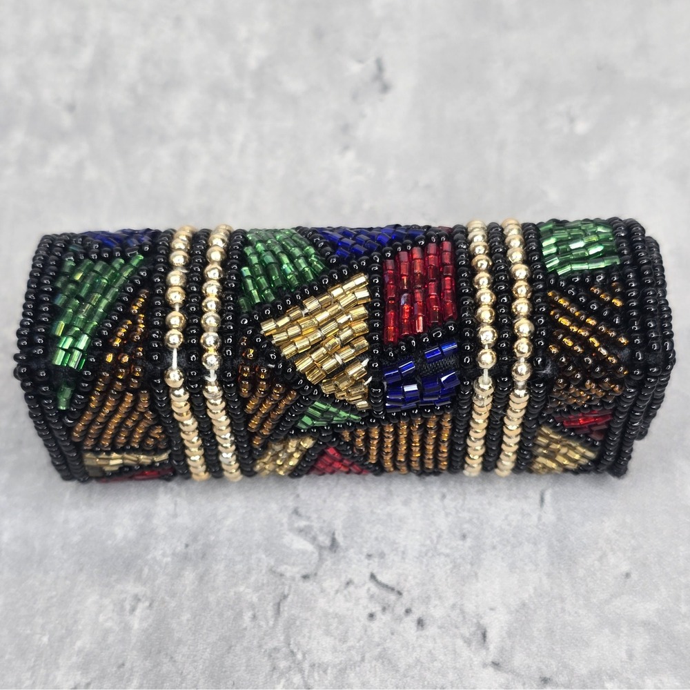 Vintage 80s Beaded Lipstick Case Mirror Geometric Mosaic Black Gold Multi Color - Picture 3 of 8